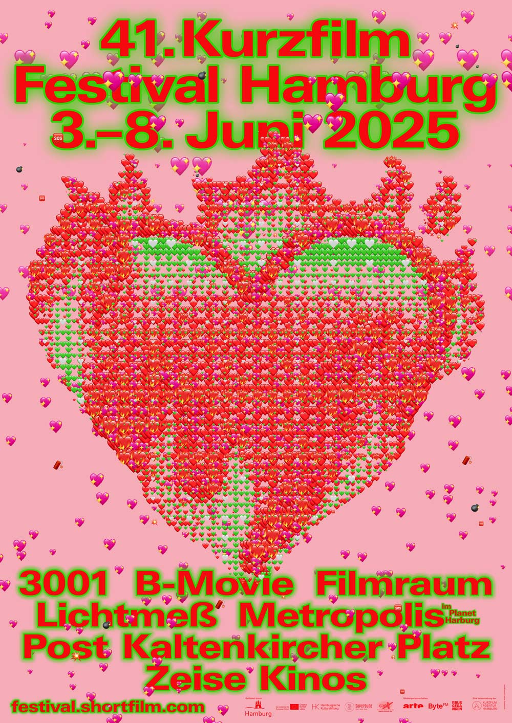 Ein großes Herz aus bunten Luftballons vor rosa Hintergrund mit Text über ein Kurzfilmfestival