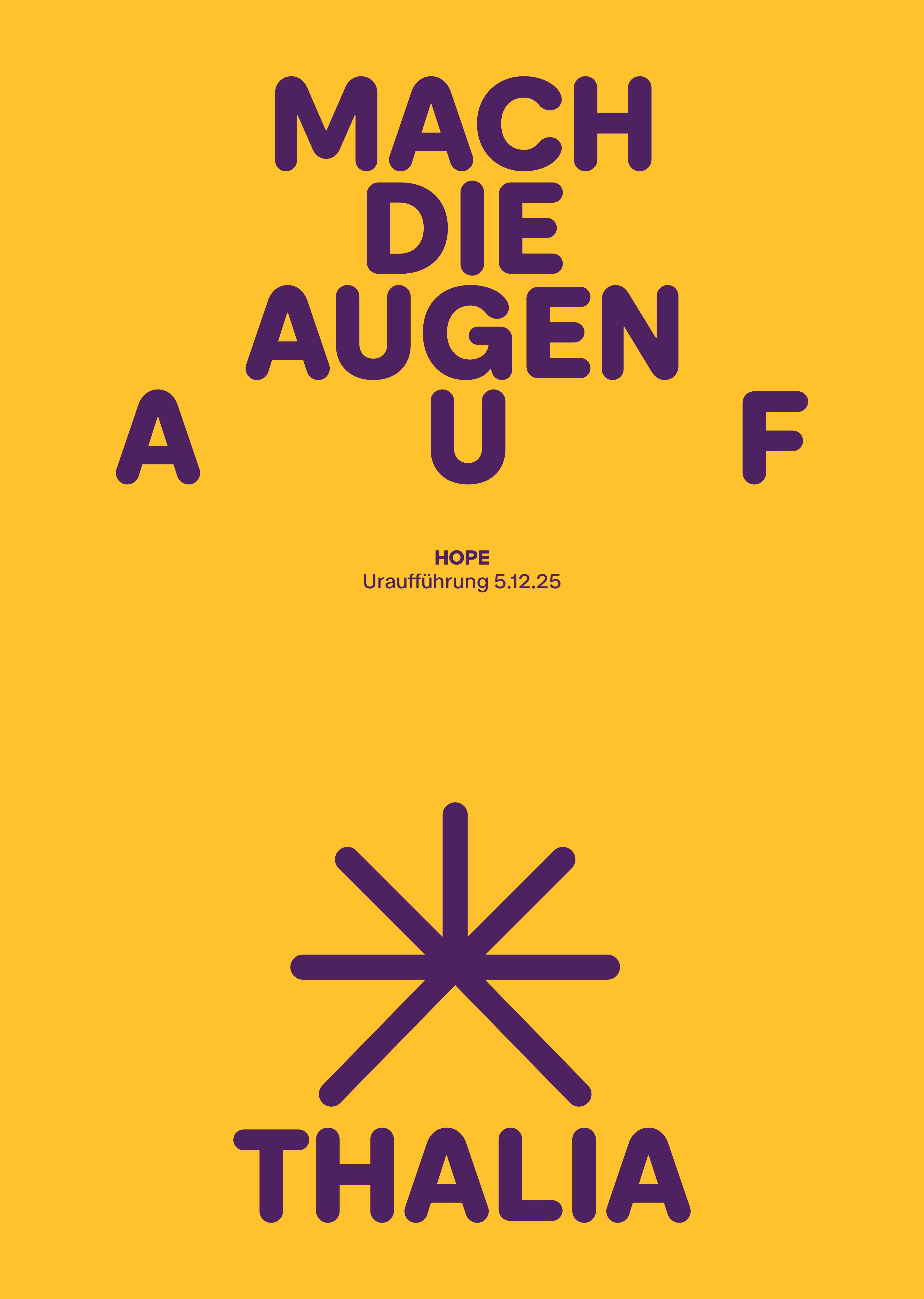 Gelber Hintergrund mit lila Text Mach die Augen auf, darunter Thalia Logo und Infotext