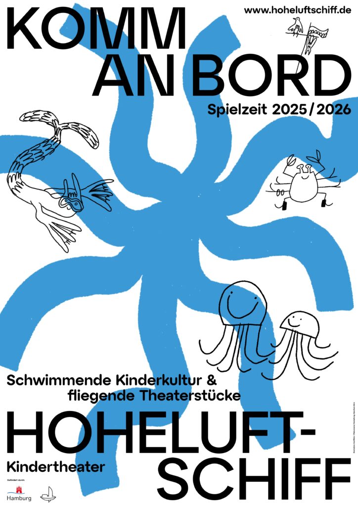 Plakat mit blauem Oktopus, lachenden Figuren und klaren schwarzen Texten auf Weiß